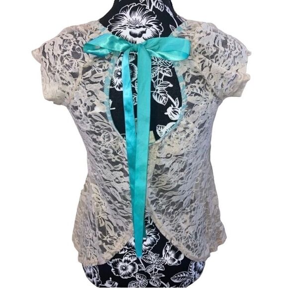 Daytrip Lace T Shirt Slit Back Ribbon Bow Lace Up Casual Fall Spring Buckle - Picture 1 of 4